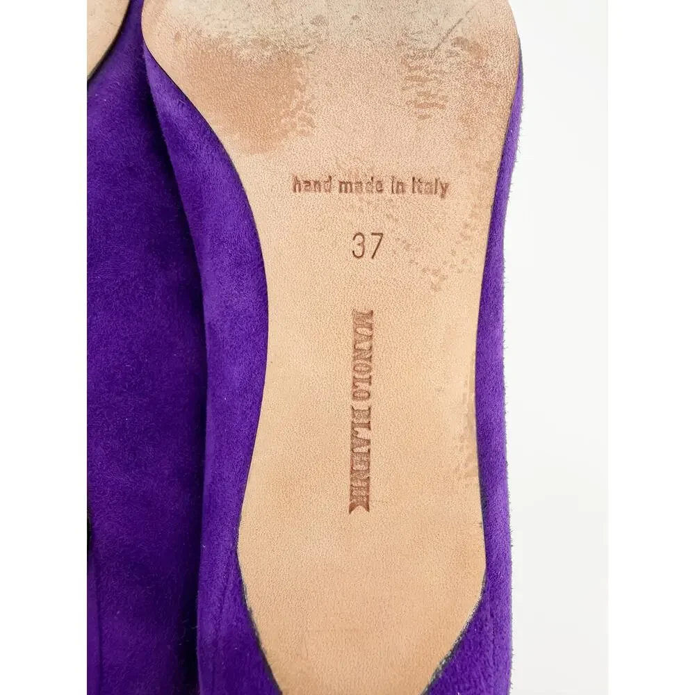 Manolo Blahnik BB Pumps Purple Suede Pointed Toe Low Kitten Heel Shoes 37